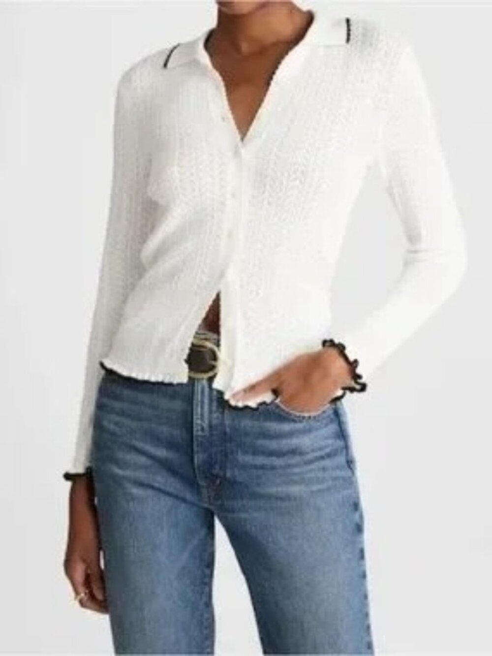 Madewell Women's Ruffle Trim Snowy Lace Sweater White Black Size S NWT